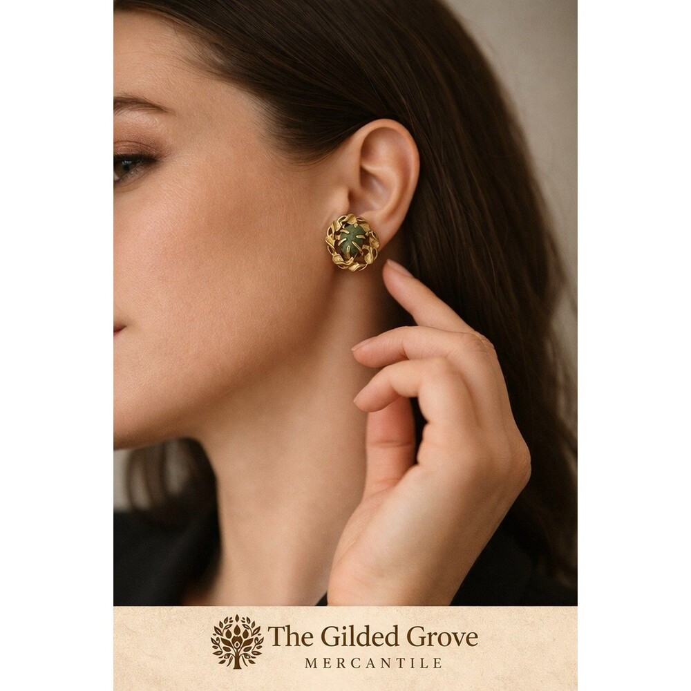 Vintage Brutalist Jade Clip Earrings Gold Tone Abstract Statement